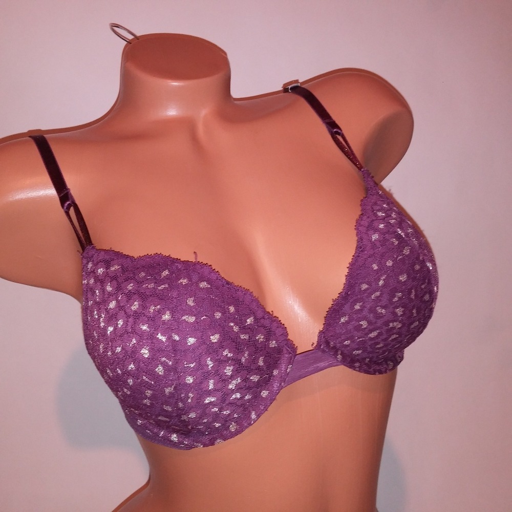 Victoria's Secret Bra 32D Push Up Purple Gold Lace Underwire New
